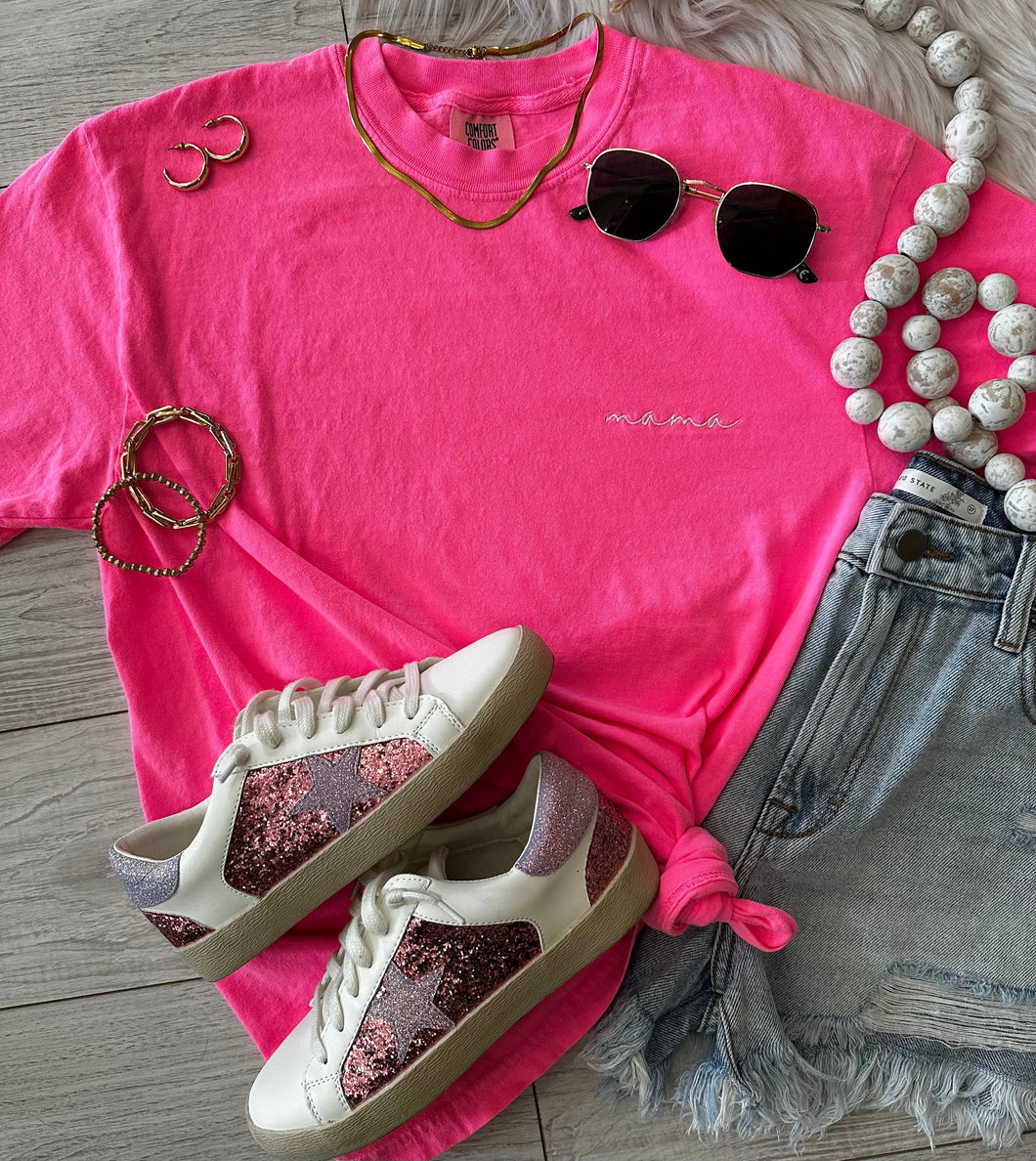 Neon Pink Dainty Mama Embroidered Tee