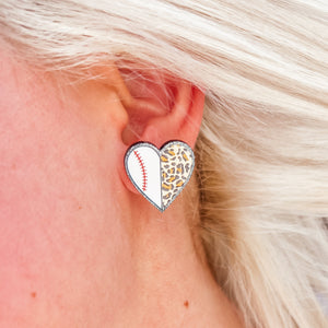 Baseball Heart Leopard Stud Earrings